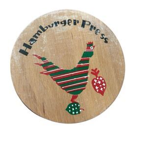 VTG Wooden Hamburger Press Hand Painted Rooster Hinged Patty Maker Mid Century⁠